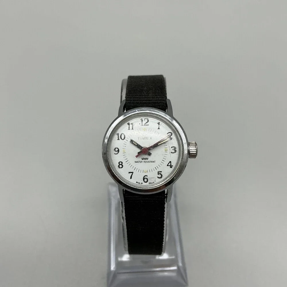 Vintage Timex Womens Watch 24mm White Dial Silver Tone Black Manual Wind
